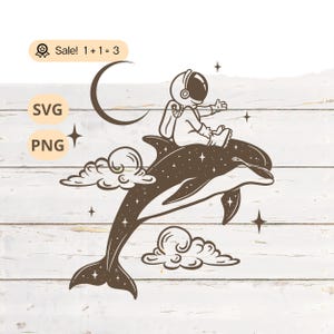 Astronaut auf einem Delphin SVG PNG, Delphin zwart, Weltraum zwart, Mond und Sterne svg, himmlische svg, Astronaut svg, Delphin Tattoo, Png, Shirt