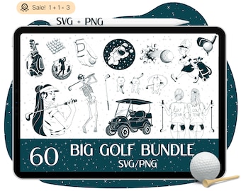 May include: A set of 60 black and white golf-themed SVG and PNG digital clip art images. The images include a golfer, a golf cart, a skeleton golfer, a golf ball, and other golf-related designs.