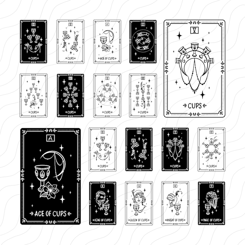 May include: Black and white illustrations of the Cups suit from a tarot deck. Each card features a unique design with cups, stars, and other symbols. The cards are numbered from Ace to King and include the Page, Knight, and Queen.