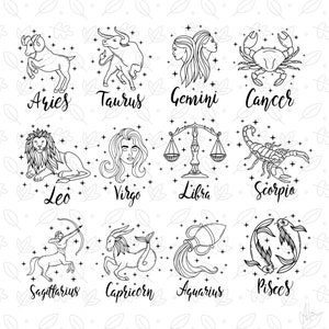 May include: Black and white line art illustrations of the 12 zodiac signs. Each sign is depicted with its corresponding symbol and a stylized image. The signs are Aries, Taurus, Gemini, Cancer, Leo, Virgo, Libra, Scorpio, Sagittarius, Capricorn, Aquarius, and Pisces.