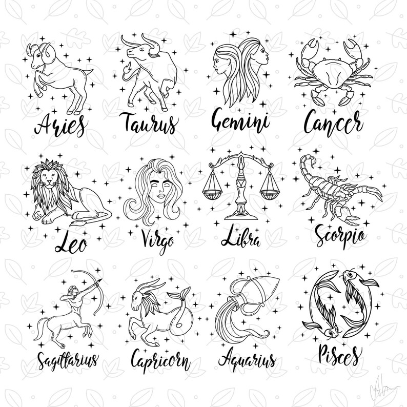 May include: Black and white line art illustrations of the 12 zodiac signs. Each sign is depicted with its corresponding symbol and a stylized image. The signs are Aries, Taurus, Gemini, Cancer, Leo, Virgo, Libra, Scorpio, Sagittarius, Capricorn, Aquarius, and Pisces.