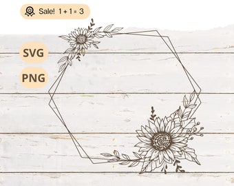 Sunflower Monogram Frame, Floral Wreath SVG PNG (Digital Download)