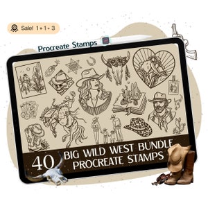 40 Wild West Procreate STAMPS, Western Procreate BRUSHES, Cowboy STAMPS, Cowgirl Brushes, Rodeo Stamps, Horse Stamps, Texas Clipart Doodle