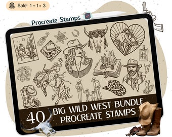 40 Wild West Procreate STAMPS, Western Procreate BRUSHES, Cowboy STAMPS, Cowgirl Brushes, Rodeo Stamps, Horse Stamps, Texas Clipart Doodle