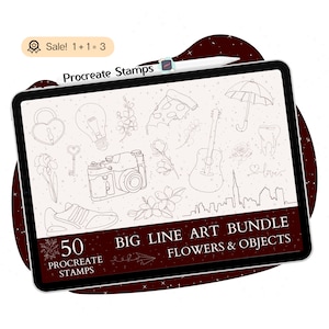 Puede incluir: La pantalla de una tableta digital muestra 50 sellos de Procreate con ilustraciones de línea de flores, objetos y símbolos. El texto "BIG LINE ART BUNDLE FLOWERS & OBJECTS" se muestra en la pantalla.