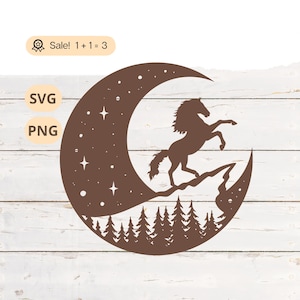 Lune et cheval SVG PNG, SVG cheval, lune SVG, étoiles svg, svg cheval qui court, nuit svg, svg galaxie, cheval Png, Silhouette, tatouage, chemise