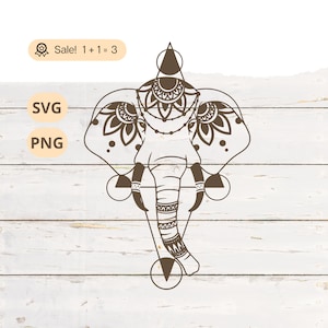 May include: A black and white line art illustration of an elephant's head with intricate mandala designs on the ears and a geometric pattern on the trunk. The elephant's head is surrounded by a geometric pattern.