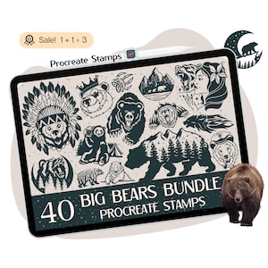Puede incluir: Una pantalla de tableta digital que muestra una colección de 40 ilustraciones de osos en blanco y negro. El texto "40 BIG BEARS BUNDLE PROCREATE STAMPS" se muestra en la pantalla. La tableta está sobre una superficie blanca con un oso marrón de pie en primer plano.