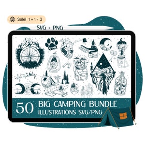 Paquete SVG de 50 campistas, SVG de campamento, SVG de campamento, archivo de campamento para Cricut, SVG de senderismo, SVG de montaña, SVG de vida en el lago, PNG, camiseta, silueta