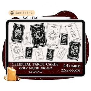 44 Tarot Major Arcana SVG-Bundle, Tarot SVG, Major Arcana, Tarot-Datei für Cricut, Hexe svg, einzigartiges Tarot Deck, himmlische svg, PNG Tshirt