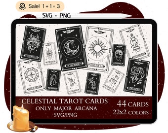 May include: A digital illustration of 44 black and white tarot cards with celestial imagery. The cards are arranged in a random pattern on a white background. The text "Celestial Tarot Cards" and "Only Major Arcana" is displayed in black text on a white background. The text "44 Cards" and "22x2 Colors" is displayed in black text on a white background.