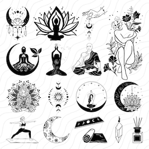 Pu&ograve; includere: Un set di 14 illustrazioni in bianco e nero che rappresentano pose di yoga, meditazione e simboli spirituali. Le illustrazioni includono un fiore di loto, una luna crescente, un sole, un cristallo e un tappetino da yoga.