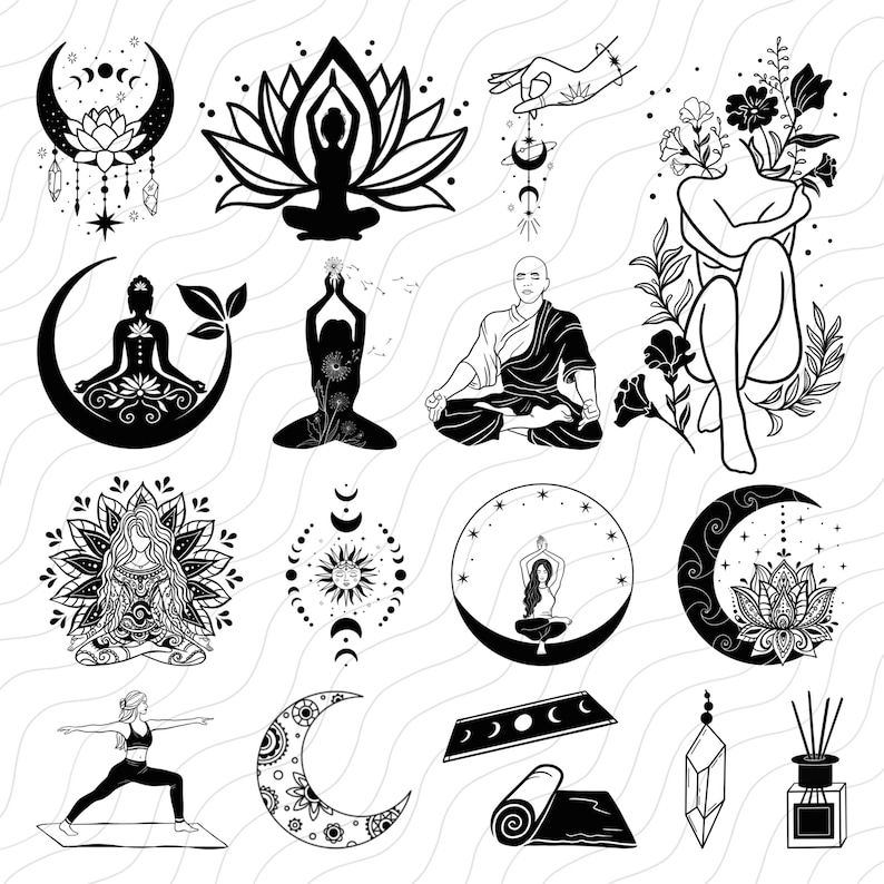 Pu&ograve; includere: Un set di 14 illustrazioni in bianco e nero che rappresentano pose di yoga, meditazione e simboli spirituali. Le illustrazioni includono un fiore di loto, una luna crescente, un sole, un cristallo e un tappetino da yoga.