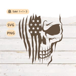 May include: A brown graphic of a skull with an American flag design. The flag is incorporated into the skull's design, with stars and stripes. The image also includes the text "Sale! 1+1=3", "SVG", and "PNG".