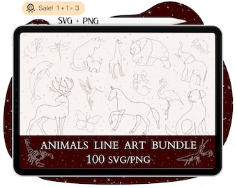 100 Line Art Animals SVG Bundle, Minimalist Animal Graphics (SVG, PNG)