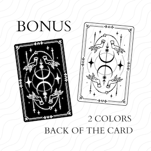 May include: Black and white illustration of a tarot card back design. The design features two hands reaching up towards a crescent moon and stars. The text "BONUS" and "2 COLORS" are also included in the image.