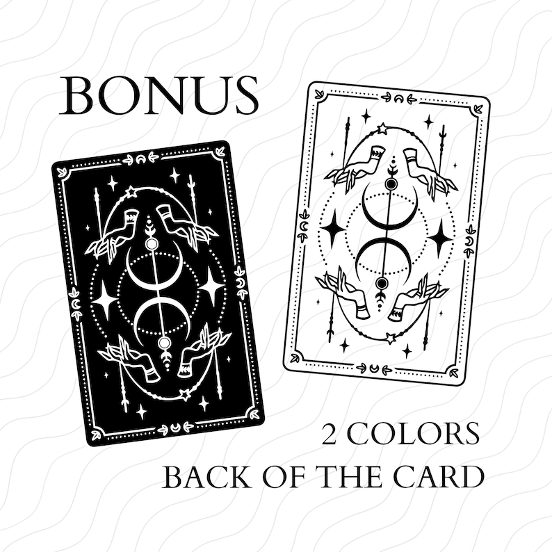 May include: Black and white illustration of a tarot card back design. The design features two hands reaching up towards a crescent moon and stars. The text "BONUS" and "2 COLORS" are also included in the image.