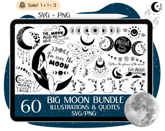 Può includere: Un set di 60 illustrazioni e citazioni di luna in bianco e nero. Le illustrazioni includono lune in varie fasi, stelle, fiori e una falena. Le citazioni includono "La luna mi ha fatto farlo", "Sono sulla luna", "Luna piena, cuore pieno" e "Ti amo fino alla luna e ritorno".