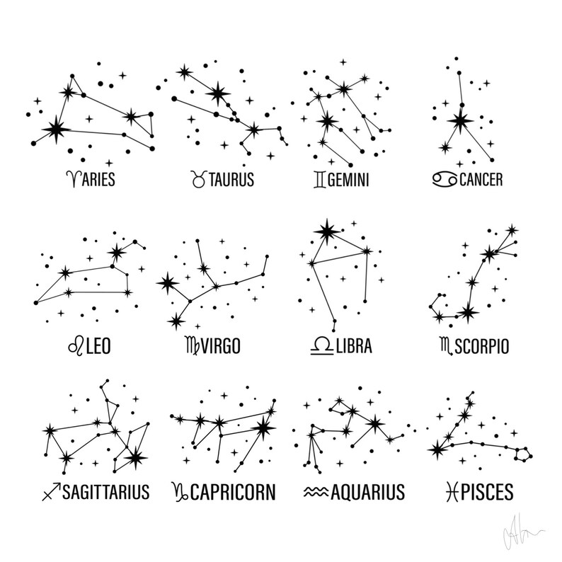 May include: Black and white line art illustrations of the 12 zodiac signs. Each sign is depicted as a constellation of stars with a symbol representing the sign below it. The signs are: Aries, Taurus, Gemini, Cancer, Leo, Virgo, Libra, Scorpio, Sagittarius, Capricorn, Aquarius, and Pisces.