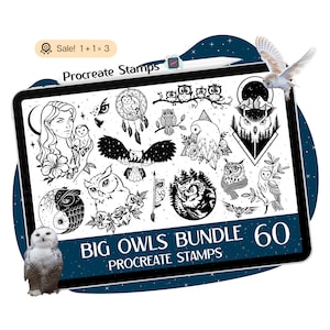 60 Owl Procreate STAMPS, Owl Procreate BRUSHES, Bird Procreate Stamps, Owl Tattoo, Owl Clipart, Procreate Brushset, Doodle, Commercial use