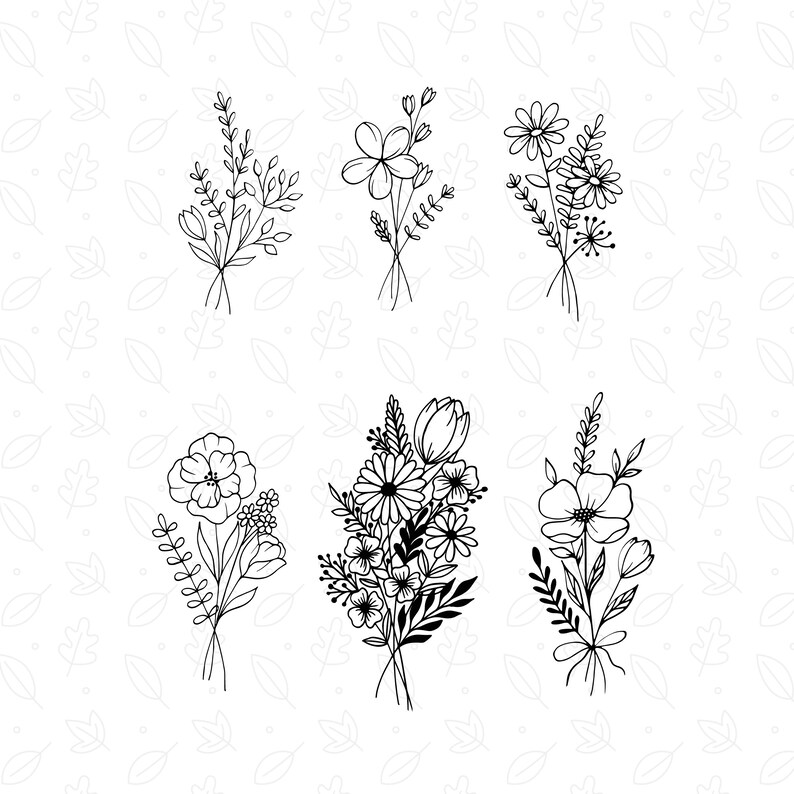 May include: Six black and white line drawings of different floral bouquets. Each bouquet features a variety of flowers and leaves.