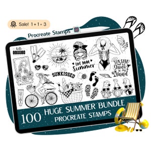 100 STAMPS Summer Procreate, Signes de l'été, Timbres de la procréation de la plage, Palmier, Pinceaux de la procréation de l'été, Doodle de la procréation de l'été, Tatouage