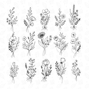 May include: A set of 12 black and white line drawings of different floral bouquets. Each bouquet features a variety of flowers and leaves, arranged in a simple and elegant style.