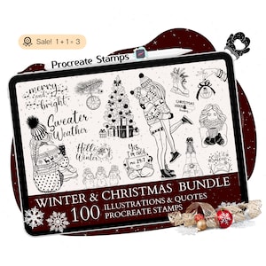 May include: A digital illustration bundle of 100 winter and Christmas themed Procreate stamps. The illustrations include a variety of winter and Christmas scenes, including snowmen, snowflakes, Christmas trees, and holiday greetings. The bundle also includes quotes such as "Merry and bright" and "Let it snow".