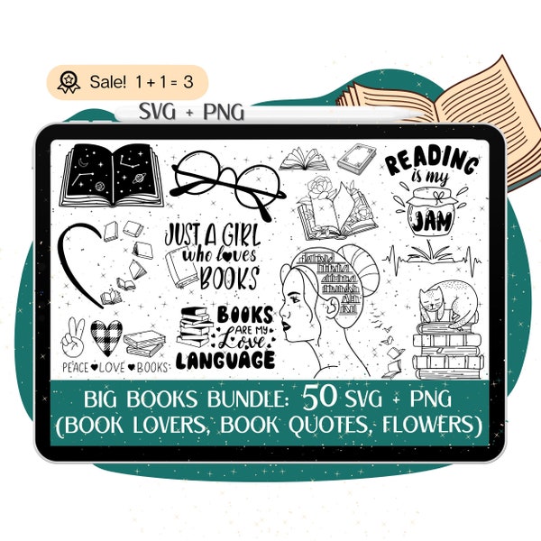 Pacote de SVGs para Amantes de Livros, Citações sobre Leitura, Desenhos Florais (50 SVG + PNG)