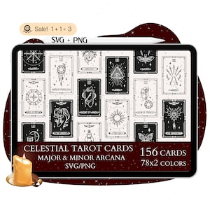 156 Pacchetto SVG Tarocchi Celestiali, SVG Tarocchi, Arcani Maggiori Svg, Arcani Minori Svg, Strega svg, Mazzo di Tarocchi Unico, Svg Celestiale, Maglietta PNG