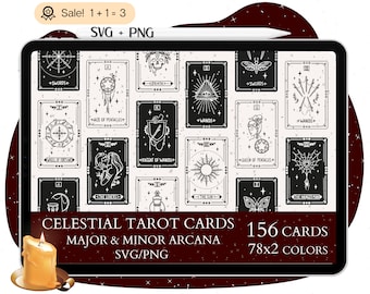 156 Celestial Tarot SVG Bundle, Tarot SVG, Major Arcana Svg, Minor Arcana Svg, Witch svg, Unique Tarot Deck, Celestial Svg, PNG Tshirt