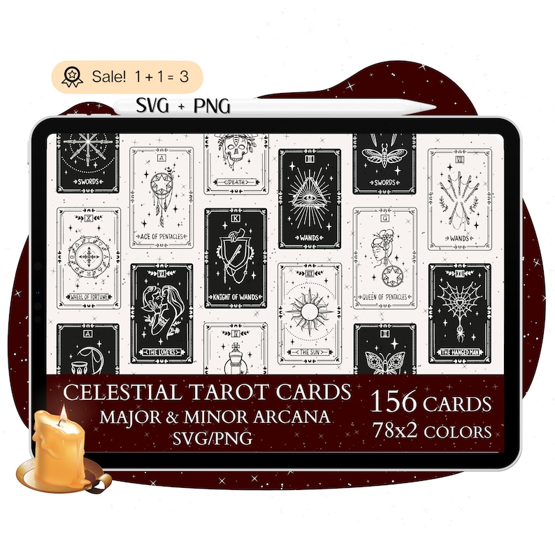 May include: A digital illustration of 156 celestial tarot cards, featuring black and white line art designs on a white background. The cards are arranged in a grid pattern and include major and minor arcana. The text "Celestial Tarot Cards 156 Cards Major & Minor Arcana SVG/PNG 78x2 Colors" is displayed at the bottom of the image.