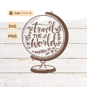 May include: A brown globe with the text "Travel the World" surrounded by floral designs. The globe is on a stand.