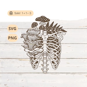 May include: A black and white illustration of a ribcage with mushrooms and ferns growing out of it. The mushrooms are different shapes and sizes, and the ferns are delicate and leafy.