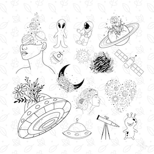 May include: A black and white line drawing illustration of various space-themed and celestial designs. The illustrations include a UFO, an astronaut, a satellite, a crescent moon, a sun, a planet, a heart filled with stars, and a woman with stars in her hair.