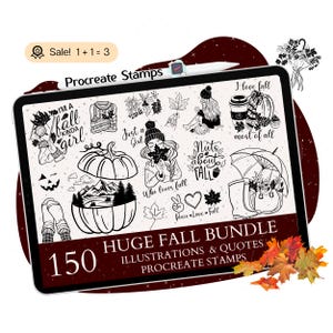 Pode incluir: Um conjunto de 150 carimbos Procreate em preto e branco com ilustrações e citações com tema de outono. Os carimbos incluem imagens de abóboras, folhas, botas, guarda-chuvas e muito mais. O texto nos carimbos inclui frases como "Eu sou uma garota de outono", "Apenas uma garota", "Loucos por outono", "Quem ama o outono", "Paz Amor Outono", e "Eu amo o outono mais do que tudo".