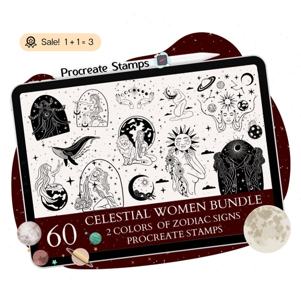 60 Celestial Women Procreate STAMPS, Women Procreate STAMPS, Zodiac BRUSHES, Celestial, Mystical, Witchy Stamps, Brush Stamp Tattoo Doodle