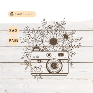 Floral Camera SVG PNG, Camera Svg, Sunflower Svg, Wildflower SVG, Camera file for Cricut, Camera Tattoo, Shirt, Clipart, Silhouette