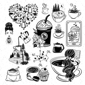 May include: A collection of black and white illustrations featuring coffee, coffee beans, and coffee-related imagery. The illustrations include a heart-shaped design with coffee cups and beans, a coffee cup with a mountain scene, a coffee cup with a flower, a coffee cup with a woman, a coffee cup with a book, a coffee cup with a cupcake, and a coffee cup with a chemical formula. The text "coffee" is also included in the image.