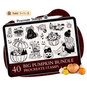 May include: A digital illustration of 40 Procreate stamps featuring a variety of pumpkin designs. The stamps include pumpkins with faces, pumpkins with flowers, pumpkins with leaves, and pumpkins with other autumn-themed elements. The text "BIG PUMPKIN BUNDLE" and "40 PROCREATE STAMPS" is displayed on the image.