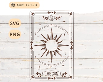 May include: A brown line art illustration of a tarot card with the sun in the center and the text "THE SUN" at the bottom. The card is surrounded by a decorative frame.