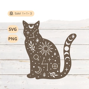 Chat céleste SVG PNG, Svg de chat noir, SVG céleste, espace svg, svg galaxie, étoiles svg, Svg soleil et lune, tatouage chemise chat, Png, Clipart