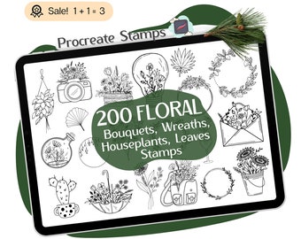 Flower Procreate STAMPS, 200 Floral Procreate STAMPS, Wildflower STAMPS, Floral Wreath Procreate Brush, Botanical Clipart, Procreate tattoo