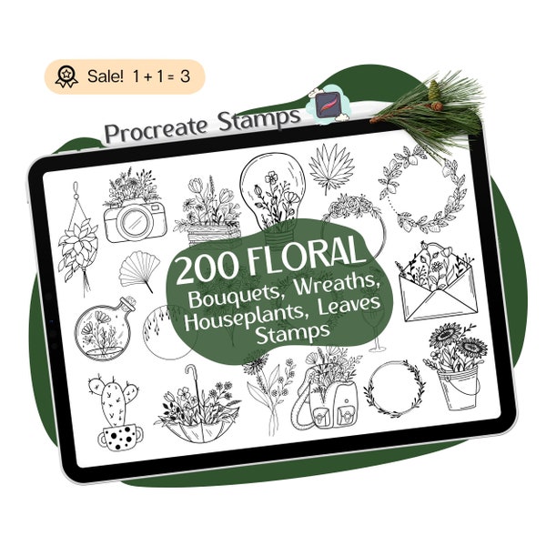 200 Carimbos Florais para Procreate, Buquês, Coroas (Download Digital)