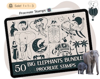 50 Elephant Procreate STAMPS, Elephant Procreate  BRUSHES, Elephant STAMPS, Elephant Tattoo, Procreate Brushset Clipart Brush Stamps Doodle