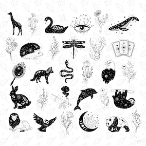 May include: Black and white illustrations of various celestial and nature-themed designs. Includes a giraffe, swan, eye, whale, flowers, hedgehog, dragonfly, phoenix, tarot cards, mirror, fox, snake, eagle, rabbit, pipe, dolphin, sloth, lion, owl, moon, and panda.