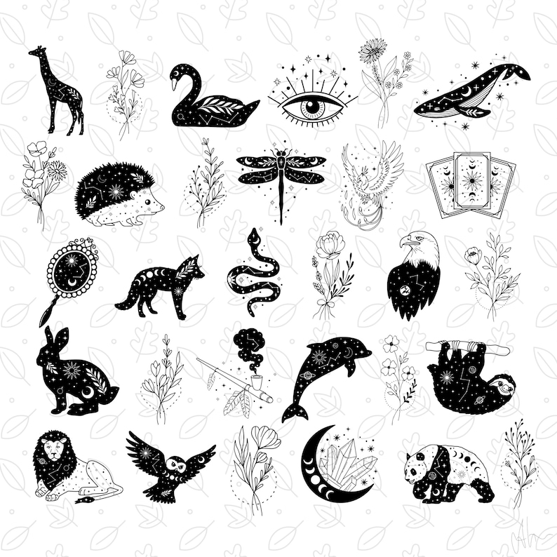 May include: Black and white illustrations of various celestial and nature-themed designs. Includes a giraffe, swan, eye, whale, flowers, hedgehog, dragonfly, phoenix, tarot cards, mirror, fox, snake, eagle, rabbit, pipe, dolphin, sloth, lion, owl, moon, and panda.