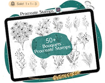 50 Flower Bouquet Procreate STAMPS, Wildflower Procreate, Botanical STAMPS, Floral STAMPS, Procreate Brushes, Flower Stamp Brush, Clipart