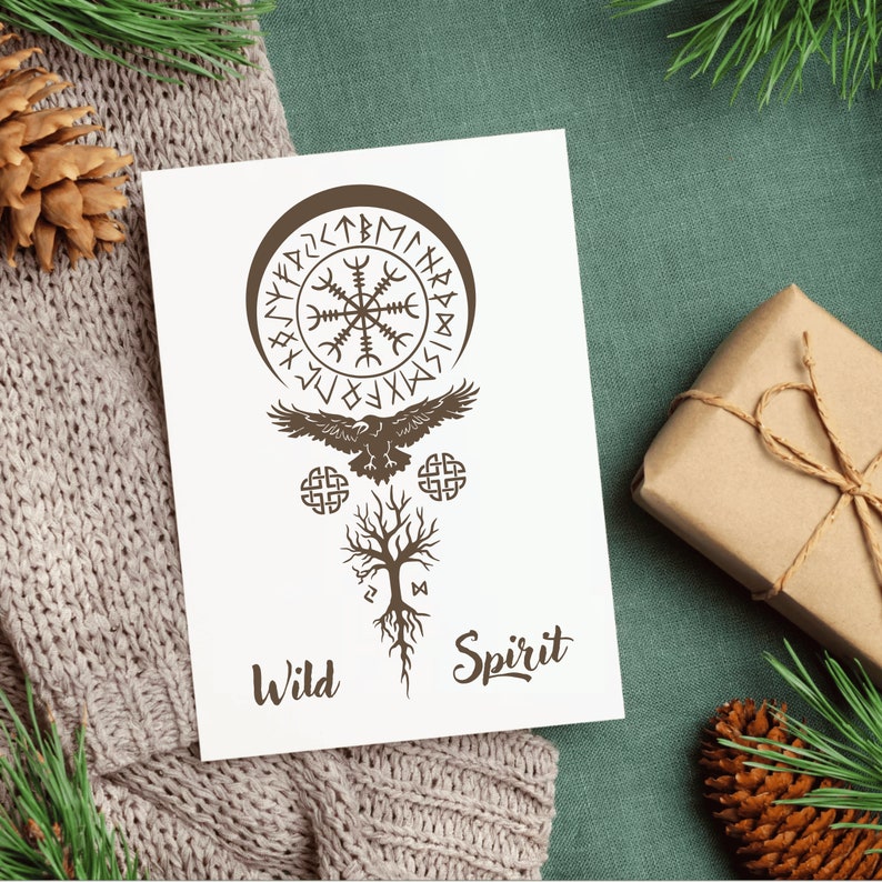 May include: A white card with a brown illustration of a raven flying above a tree with roots, a circle with runes, and the words "Wild Spirit".