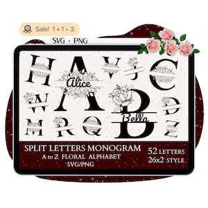 52 Pacote SVG de monograma dividido, alfabeto floral SVG, letra floral svg, arquivo de corte de letra, monograma, alfabeto svg, carta svg PNG camiseta